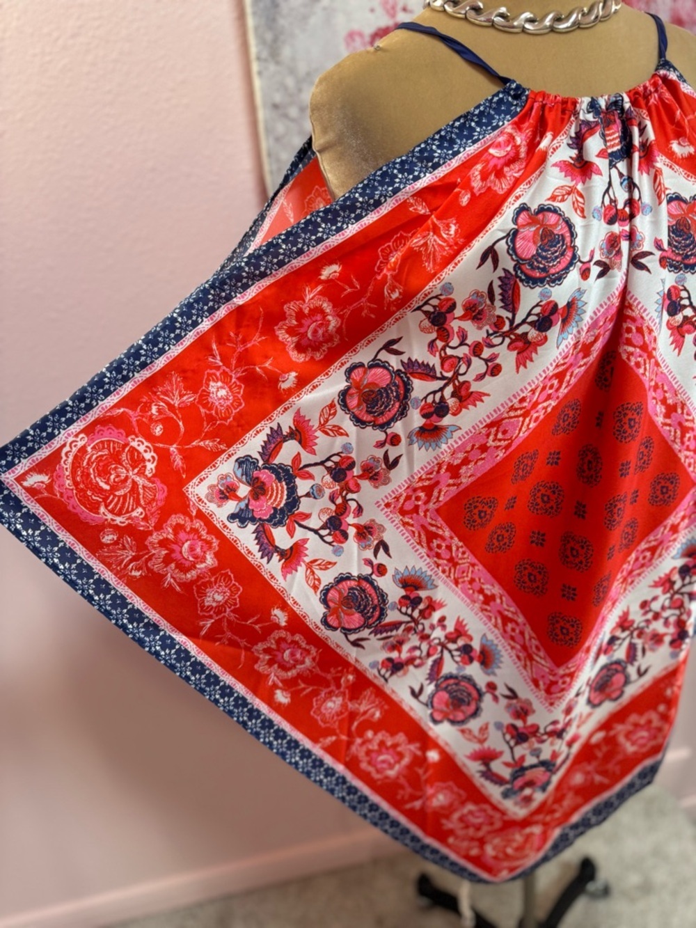 Women Red Floral Hankerchief Halter Top - Picture 4 of 9